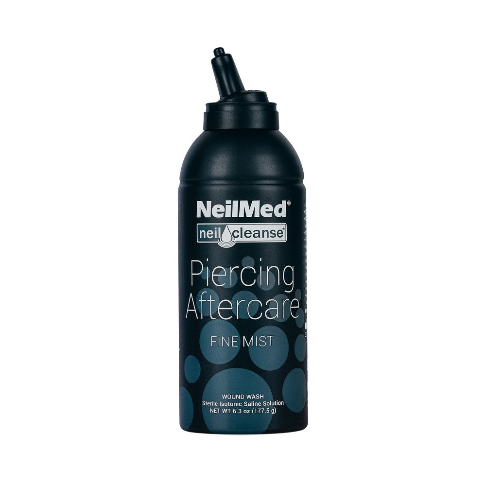 NeilMed Piercing Aftercare Fine Mist bottle, with black and blue label, for sterile saline solution intended for piercing care.