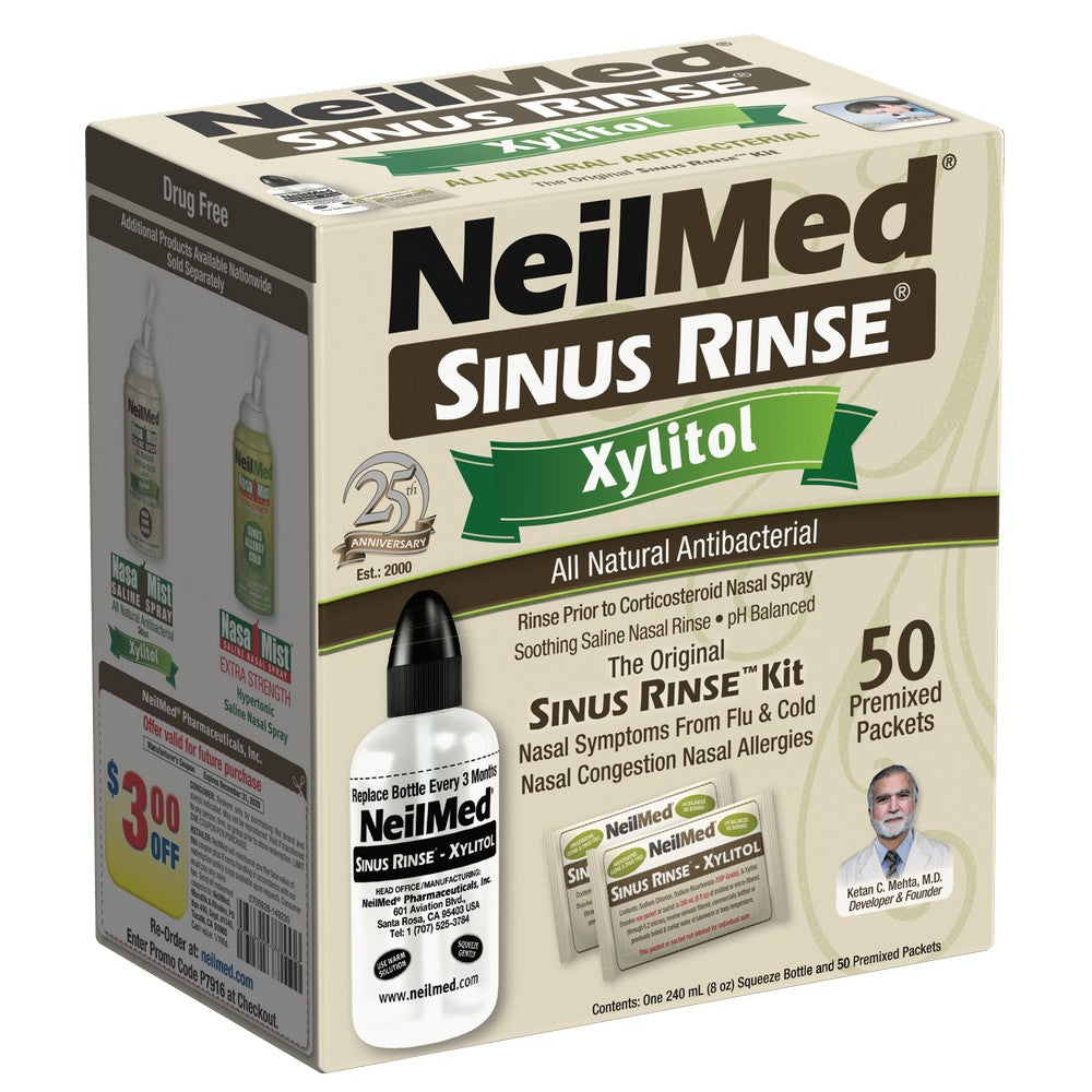 NeilMed Sinus Rinse Xylitol packaging with product images and text on a beige background