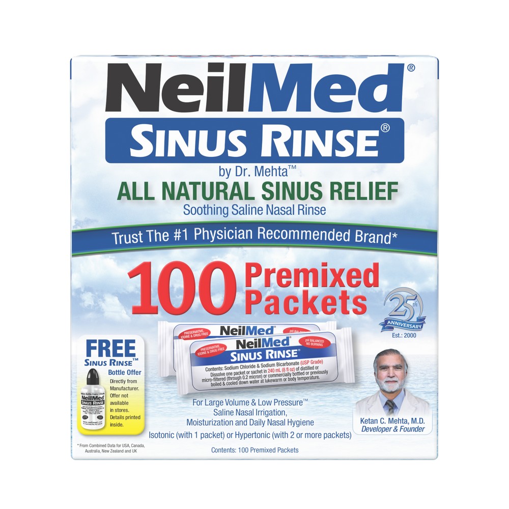 NeilMed Sinus Rinse packaging with 100 premixed packets on a white background