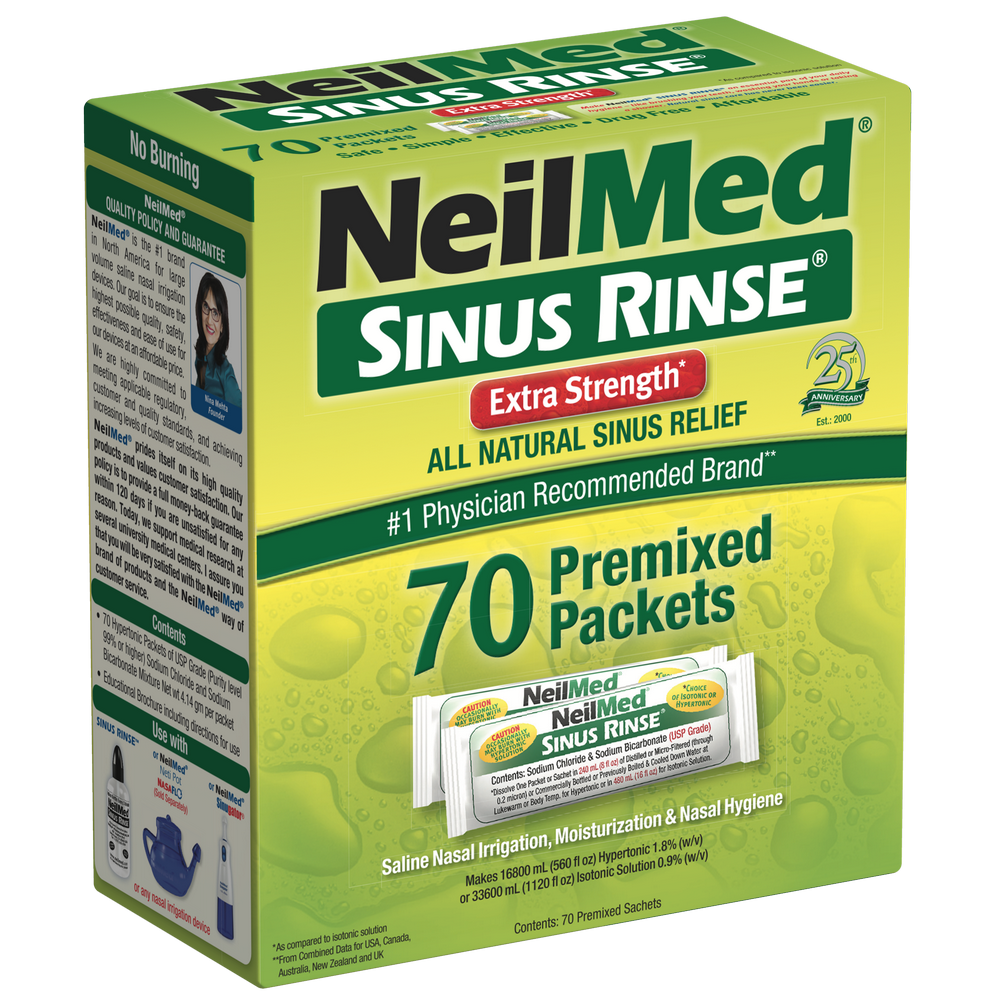 Box of NeilMed Sinus Rinse Extra Strength Premixed Packets on a white background