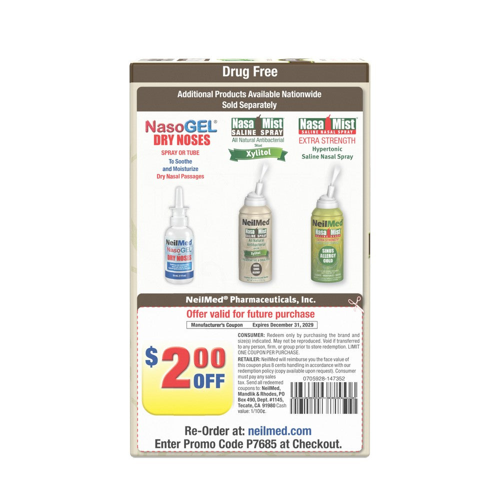 NeilMed pharmaceuticals packaging with nasal spray products and promotional offer on a white background