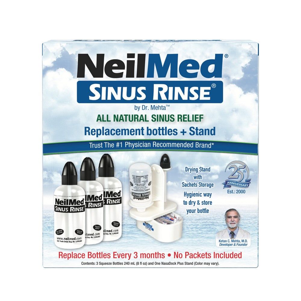 NeilMed Sinus Rinse replacement bottles and stand packaging on a white background