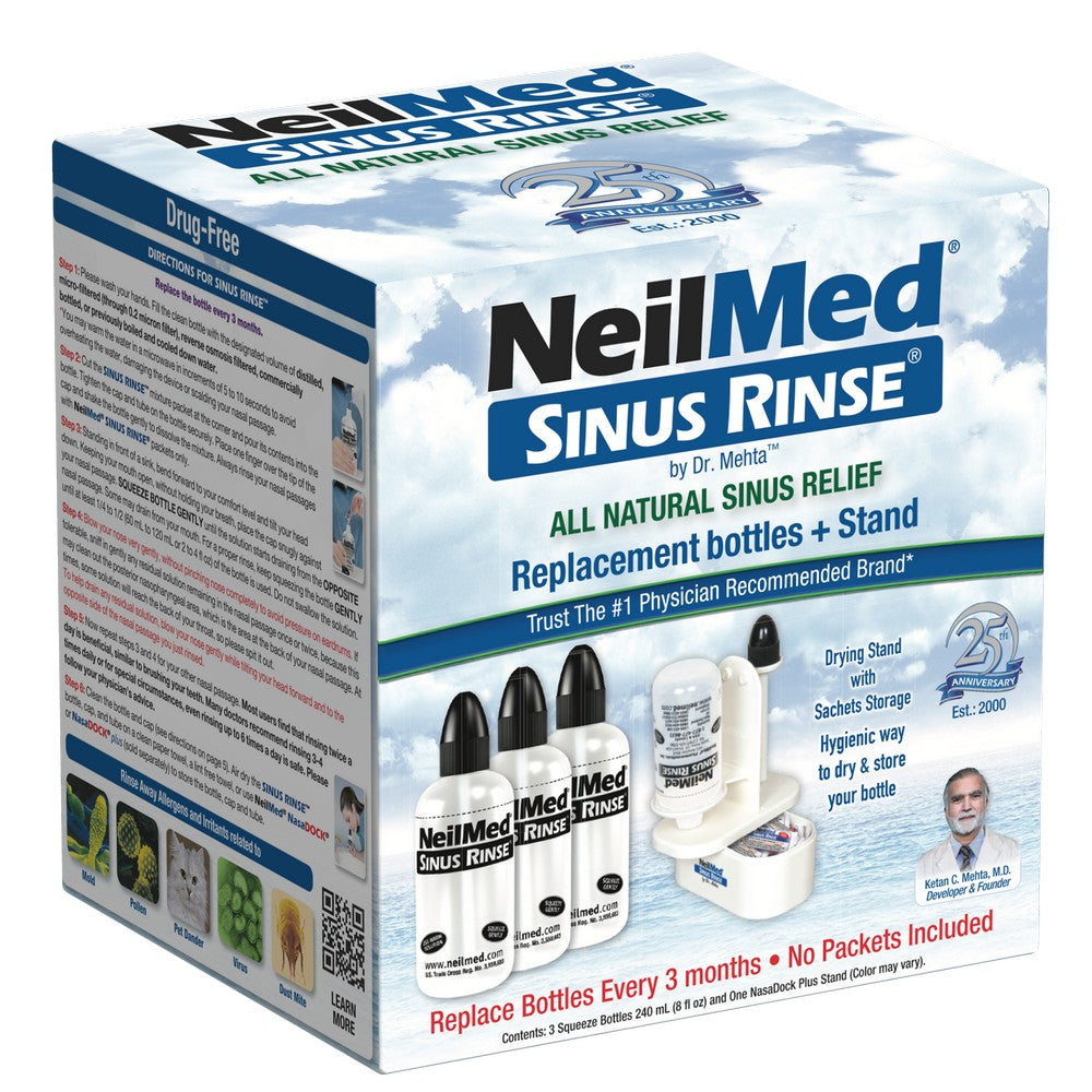 NeilMed Sinus Rinse replacement bottles and stand packaging on a white background