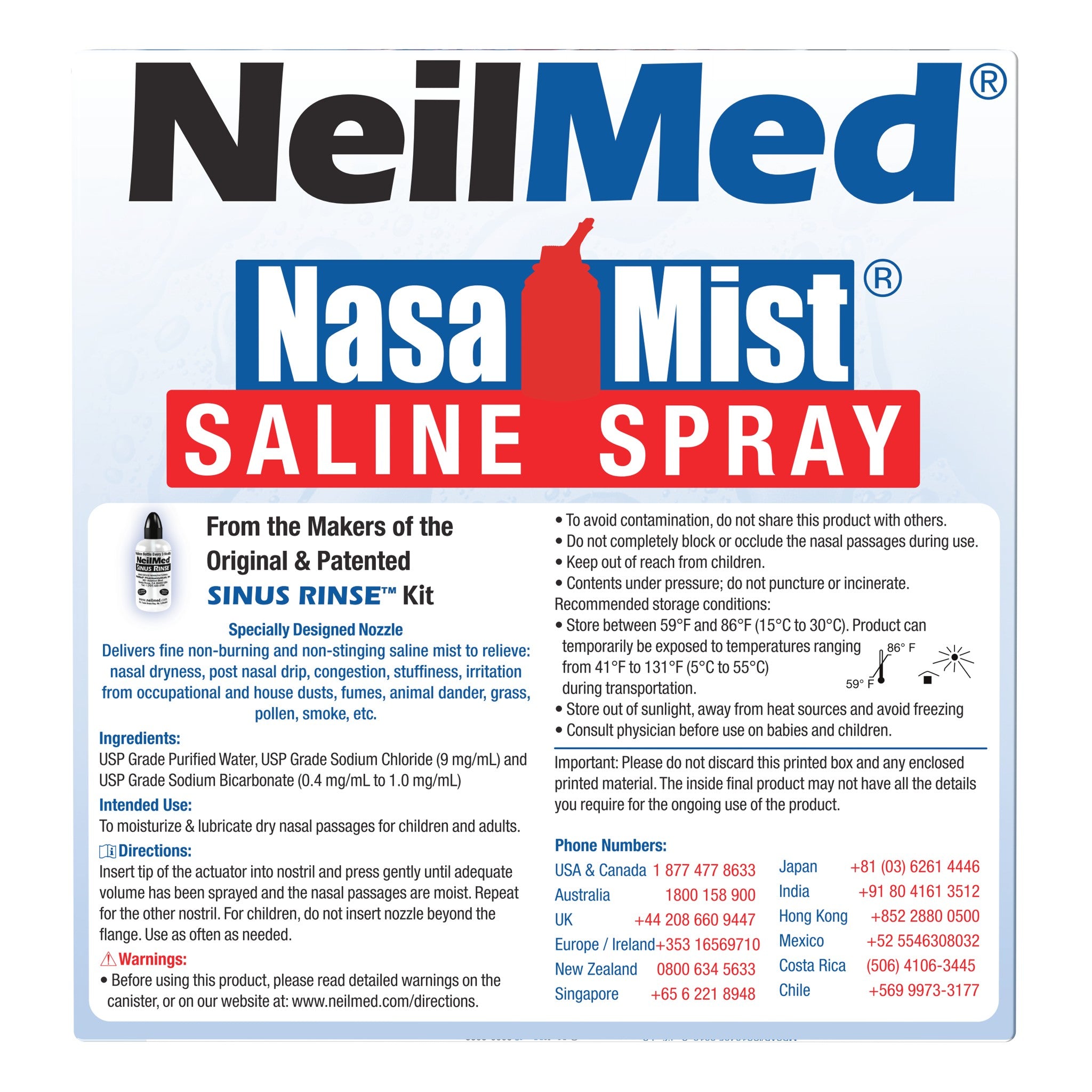 NeilMed NasaMist Saline Spray label showing a nasal saline mist product with description, usage instructions, ingredients, warnings, and contact information printed on the packaging.