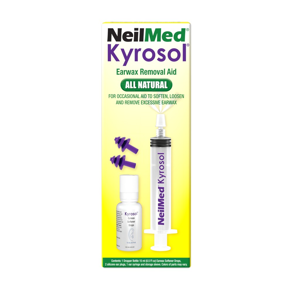 NeilMed Kyrosol earwax removal kit showing a dropper bottle, syringe applicator, and silicone ear plugs on yellow packaging.