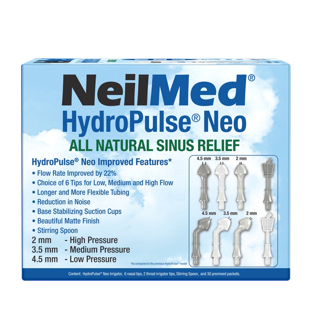 NeilMed HydroPulse Neo sinus relief kit box displaying product features, six interchangeable tips in various sizes, and included accessories.