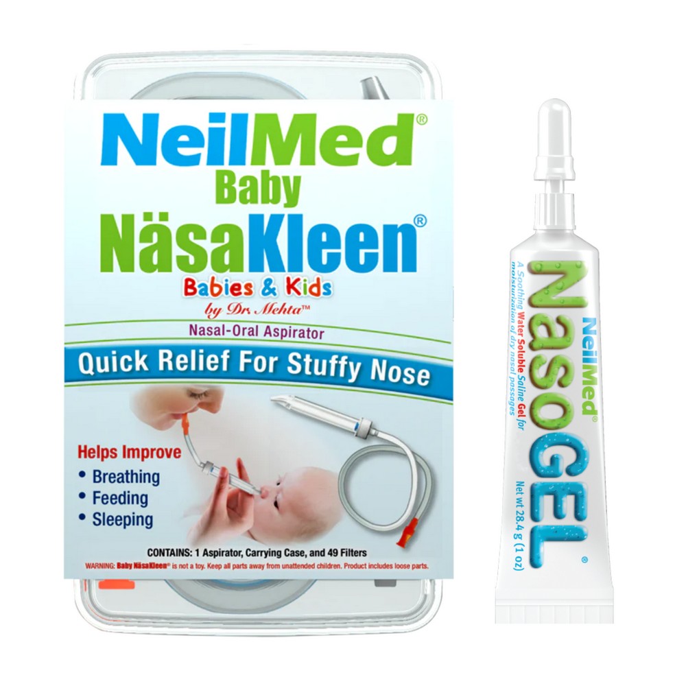 NeilMed Baby NäsaKleen nasal aspirator and NasoGel on a white background