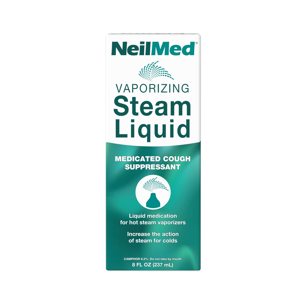 NeilMed Vaporizing Steam Liquid Medicated Cough Suppressant in an 8 fl oz box, featuring a white and teal design on a plain white background.