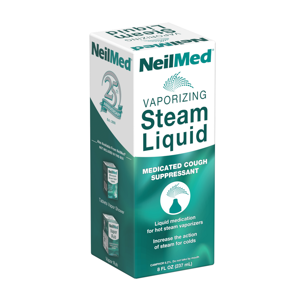 NeilMed Vaporizing Steam Liquid Medicated Cough Suppressant in a 227 mL box, featuring a white and teal design on a plain white background.