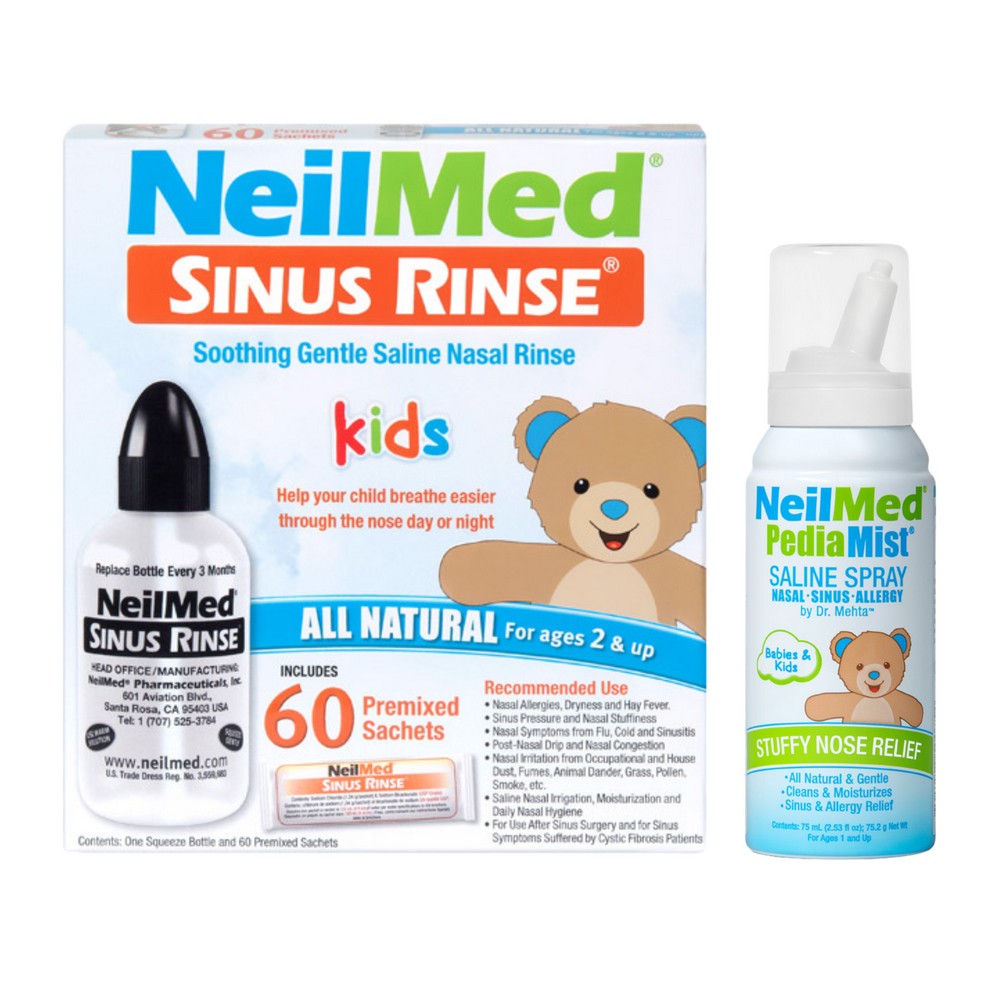 NeilMed Sinus Rinse packaging and PediaMist nasal spray on a white background