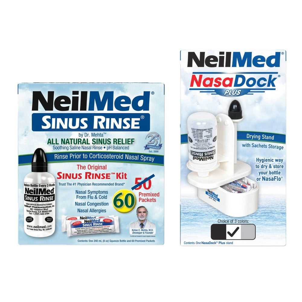 Two NeilMed products on a white background: Sinus Rinse kit and NasaDock Plus.