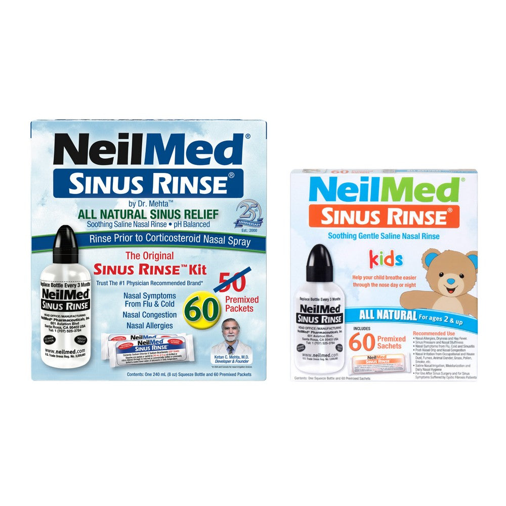 NeilMed Sinus Rinse products including a kit and a kids' version on a white background