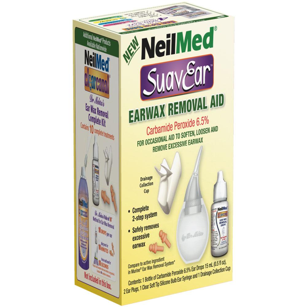Packaging of NeilMed SuavEar Ear Wax Removal Aid which includes a bottle of ear drops, ear plugs, a bulb syringe, and a drainage cup.