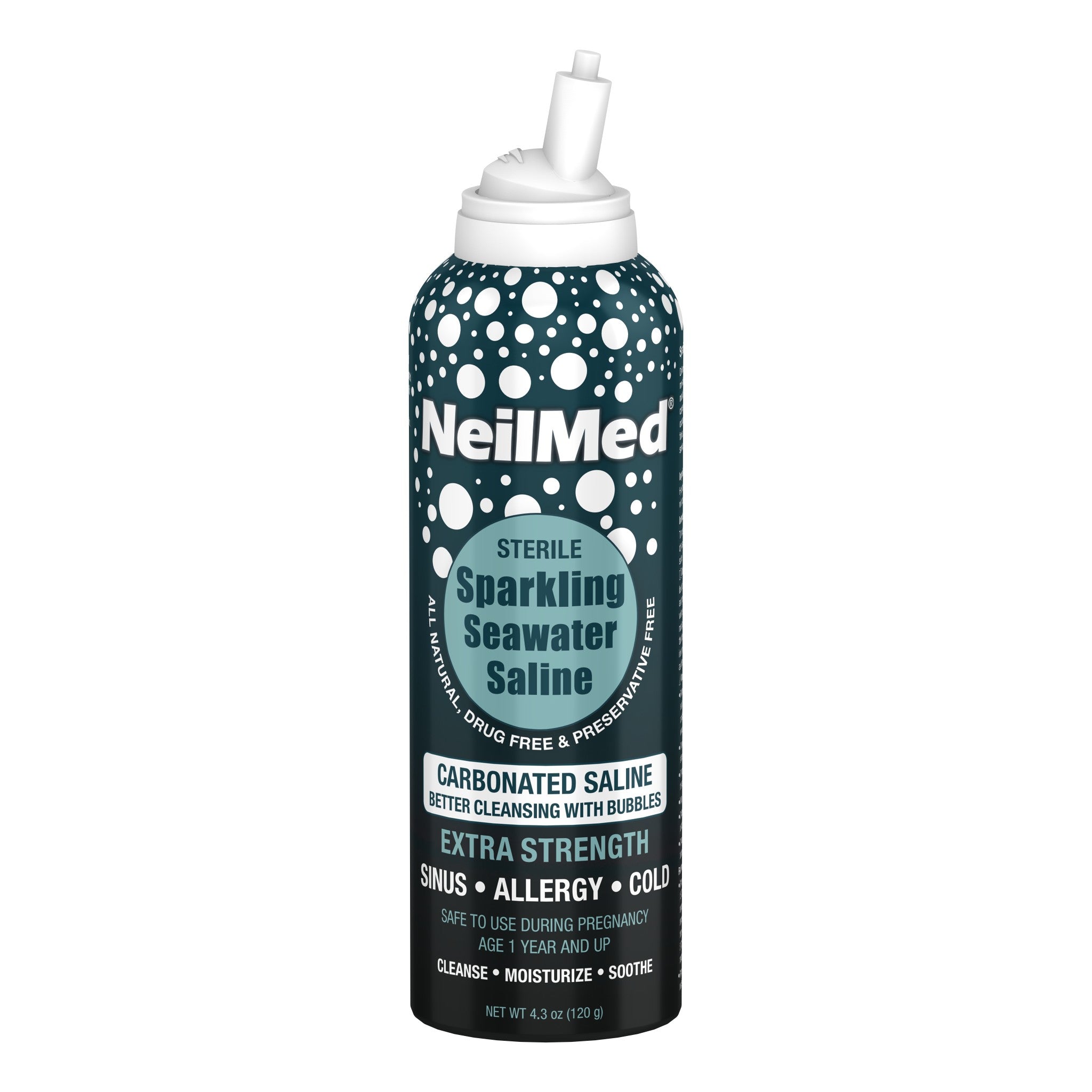 A NeilMed sparkling seawater saline spray bottle with a white nozzle against a white background.