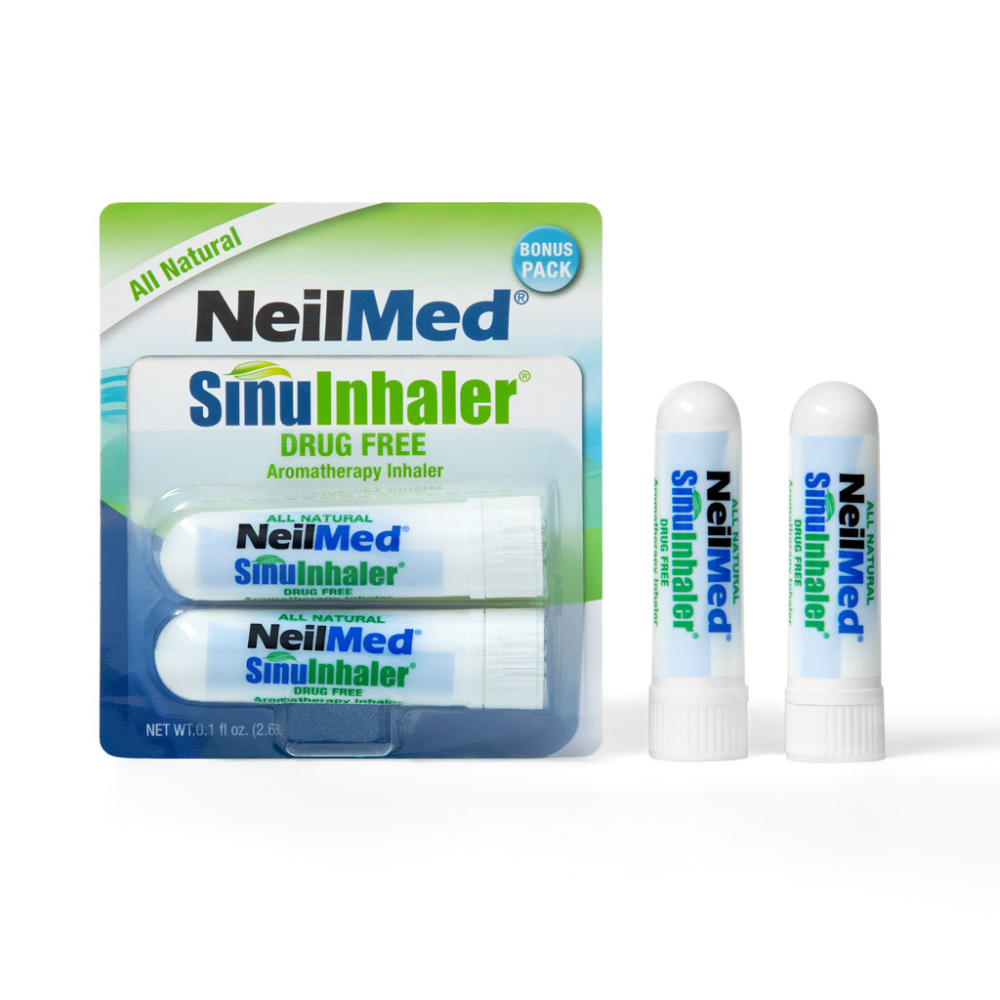 NeilMed SinuInhaler packaging with three inhalers on a white background