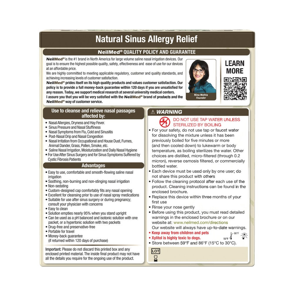 Product label for Natural Sinus Allergy Relief with text and a QR code on a white background