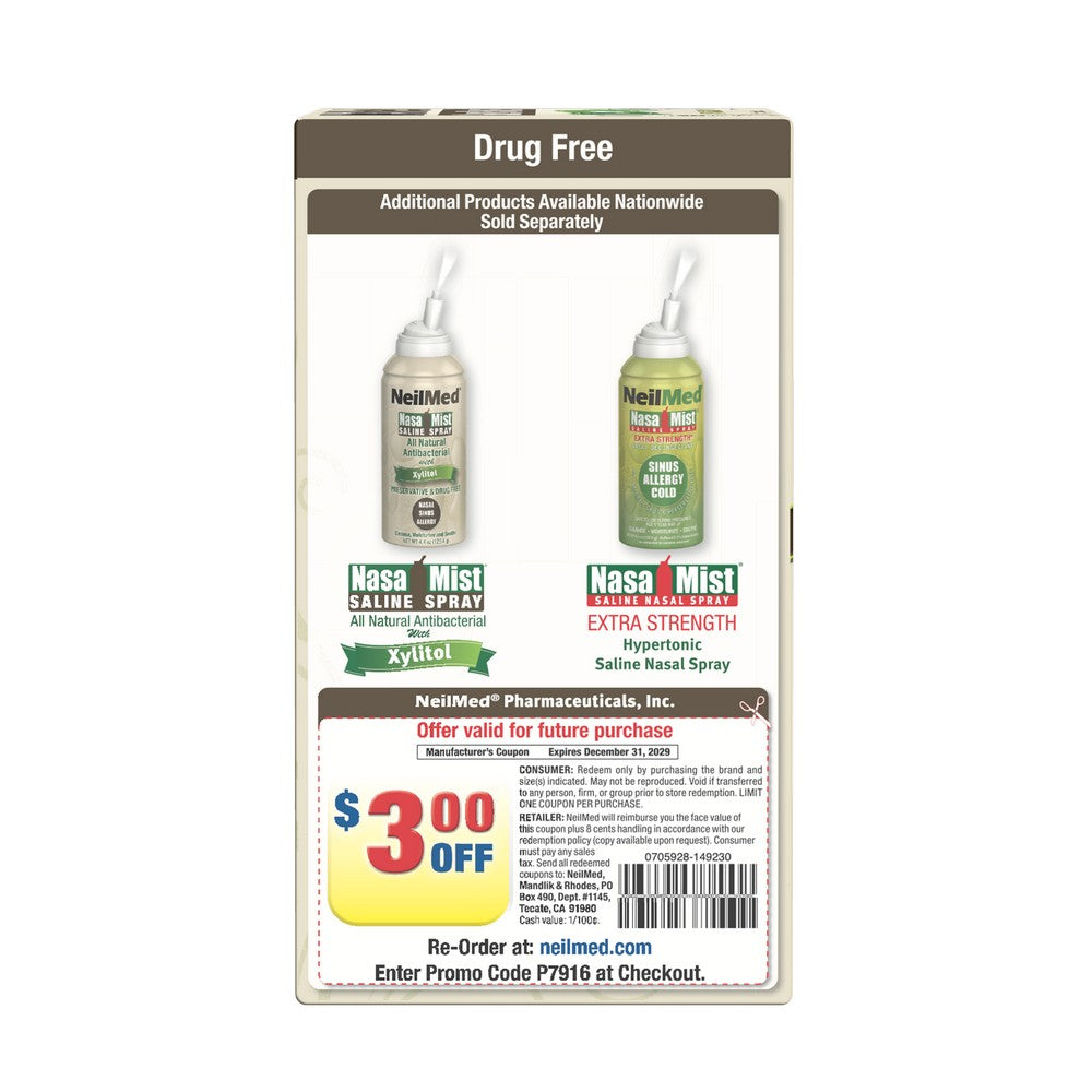 NeilMed NasaMist saline spray packaging with promotional offer on a white background