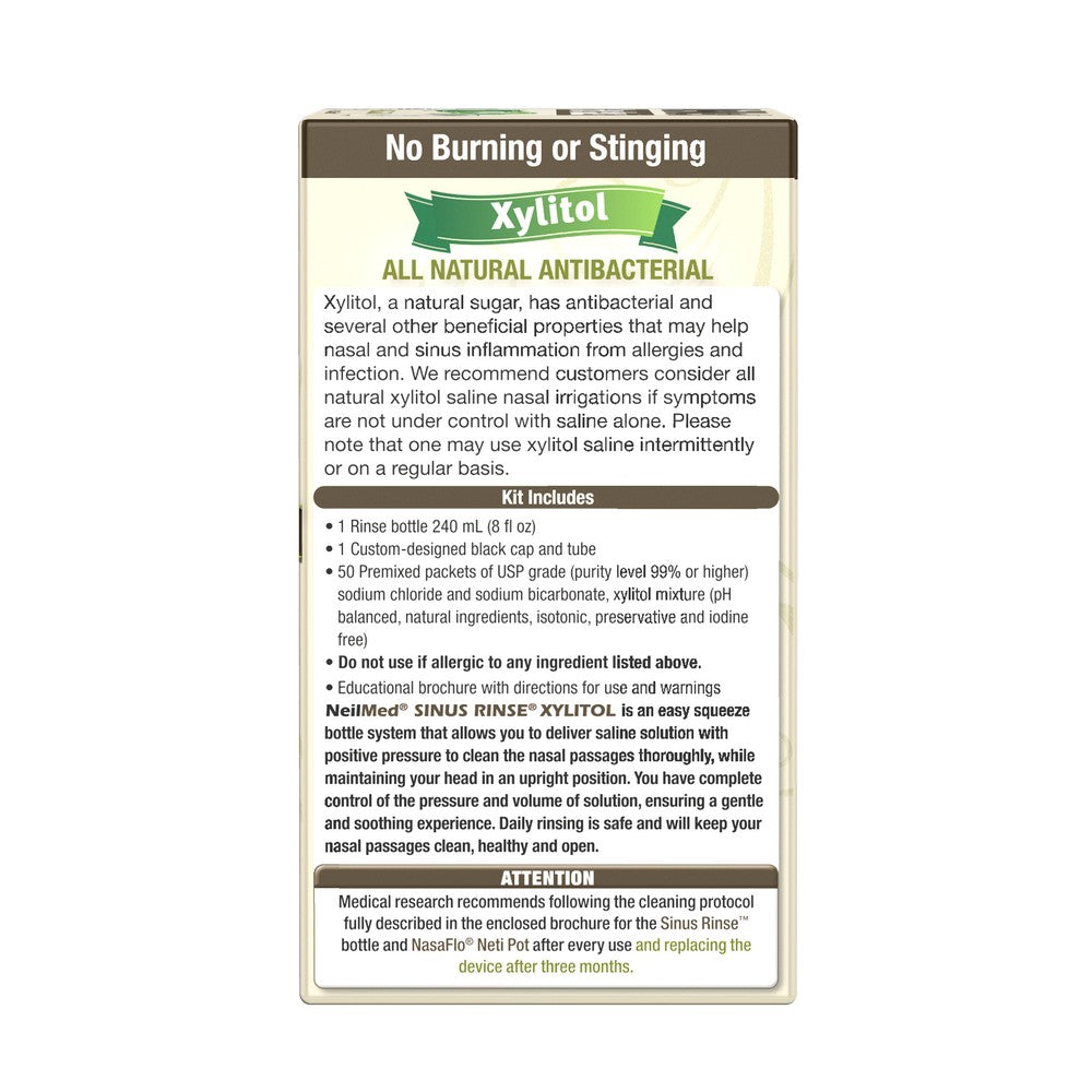 Xylitol nasal rinse kit packaging with text on a white background