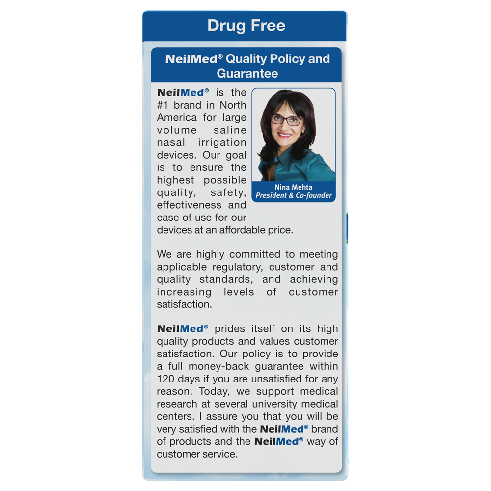 NeilMed quality policy and guarantee card with a photo of Nina Mehta, President & Co-founder, on a white background.