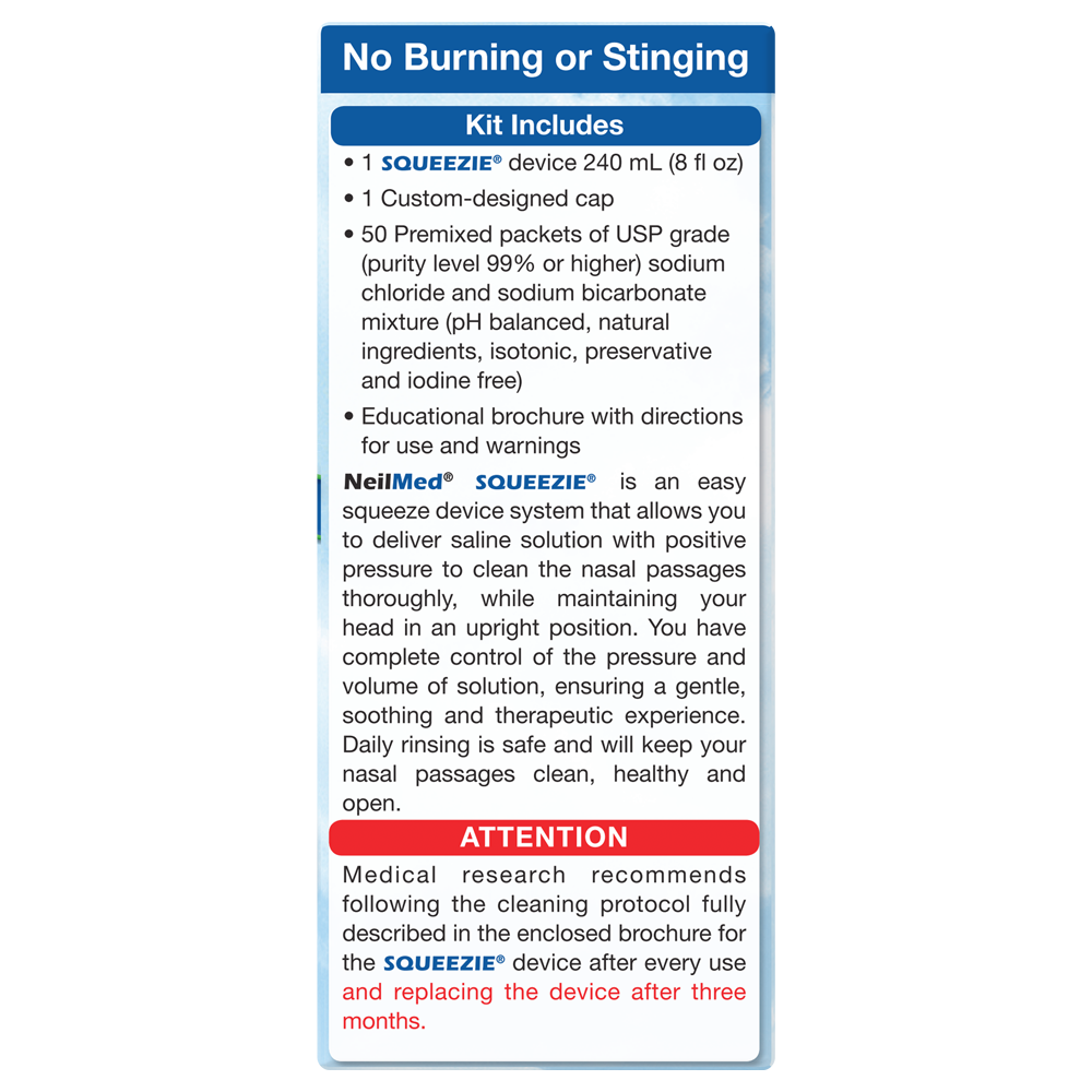 NeilMed Sinus Rinse kit label stating no burning or stinging, listing contents including a Squeeze bottle, cap, saline packets, and instructions, with usage description and attention notice about cleaning and replacement.