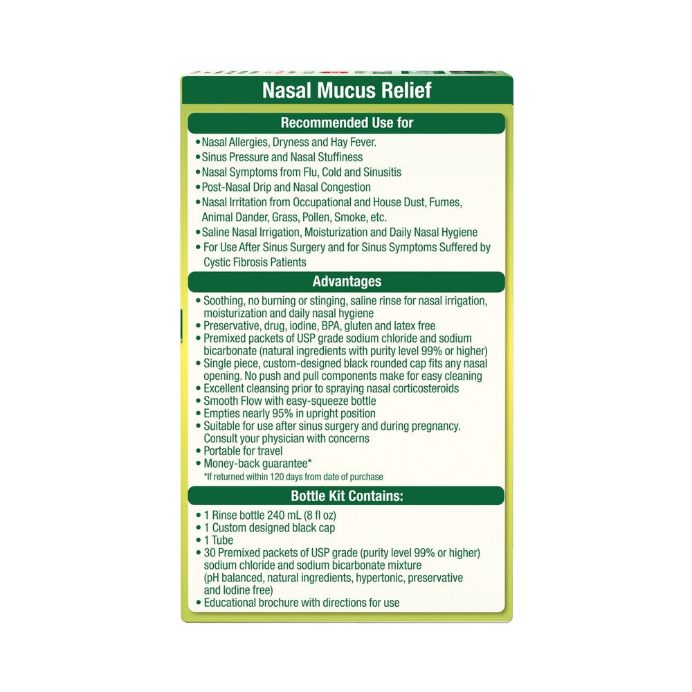 Nasal mucus relief product packaging with text on a white background