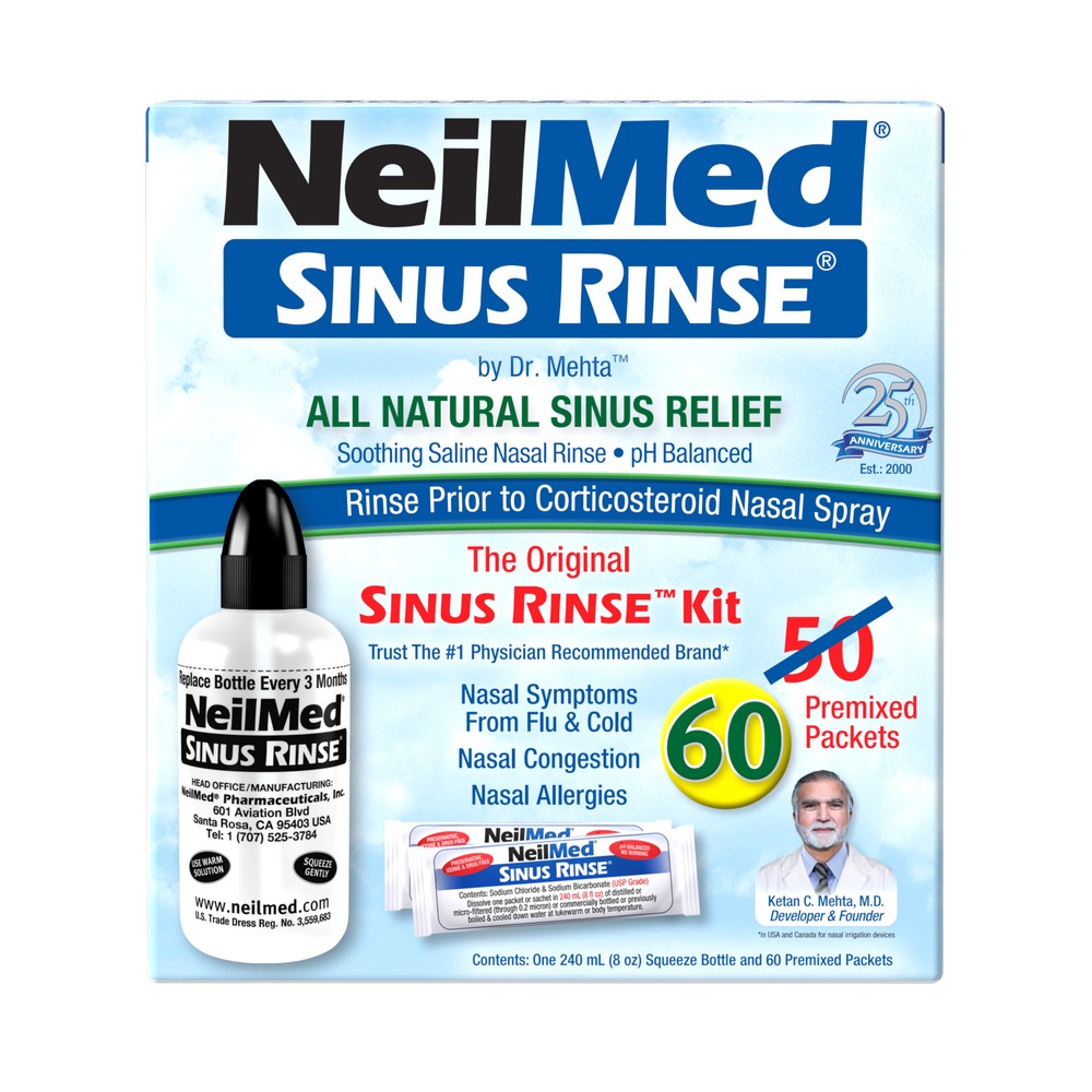NeilMed Sinus Rinse retail box with a bottle and packet packaging shown on a plain white background. The box is predominantly white and blue with red, yellow, and black text accents.