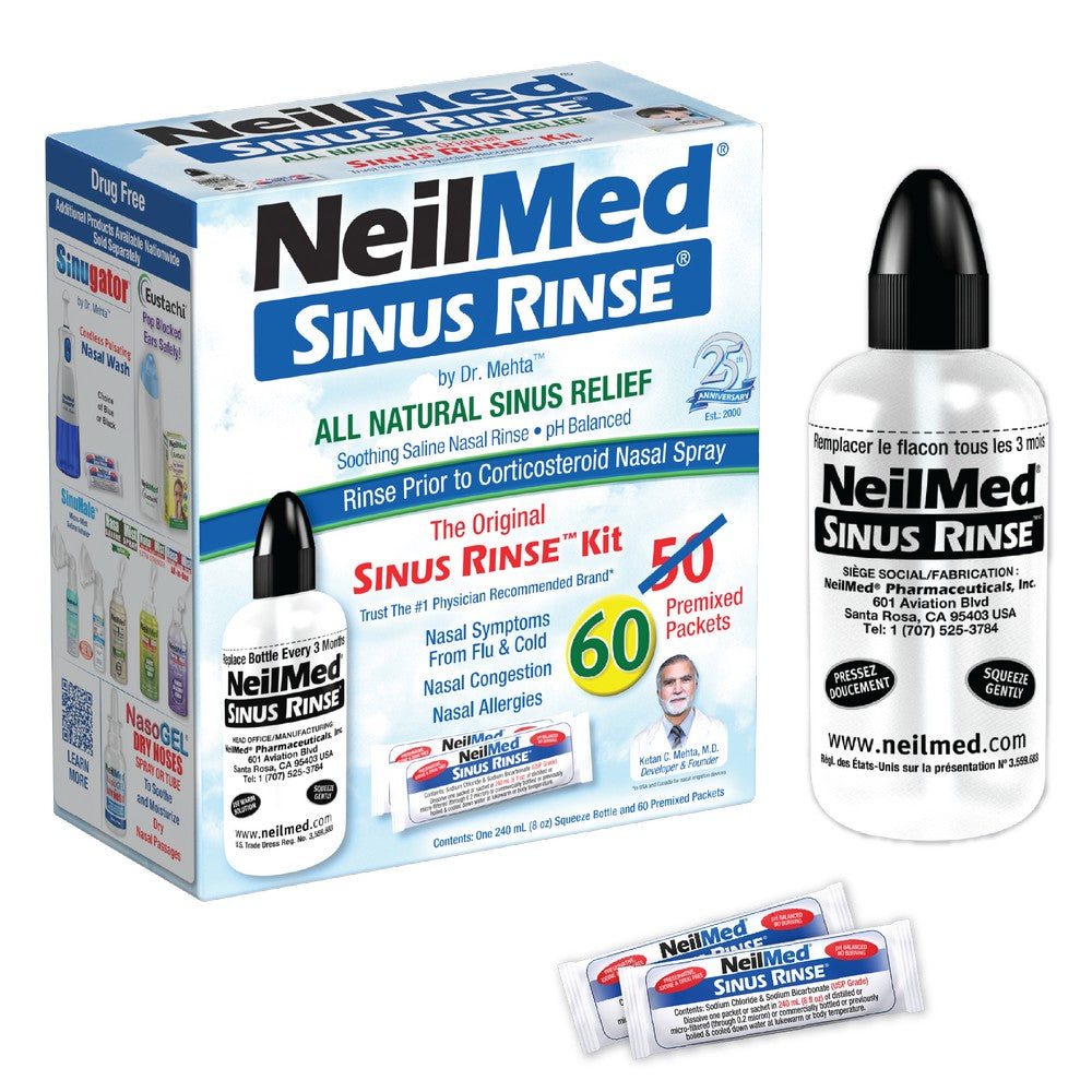 NeilMed Sinus Rinse kit packaging and contents on a white background, including a retail box, a bottle with dropper, and two nasal spray tubes.