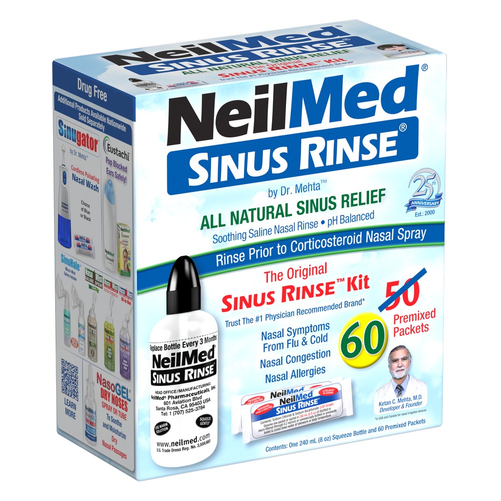 NeilMed Sinus Rinse retail box shown at a slight angle on a plain white background. The front panel features the NeilMed logo, product name, claims text, a bottle illustration, and package count information including 60 premixed packets and 50 packets.