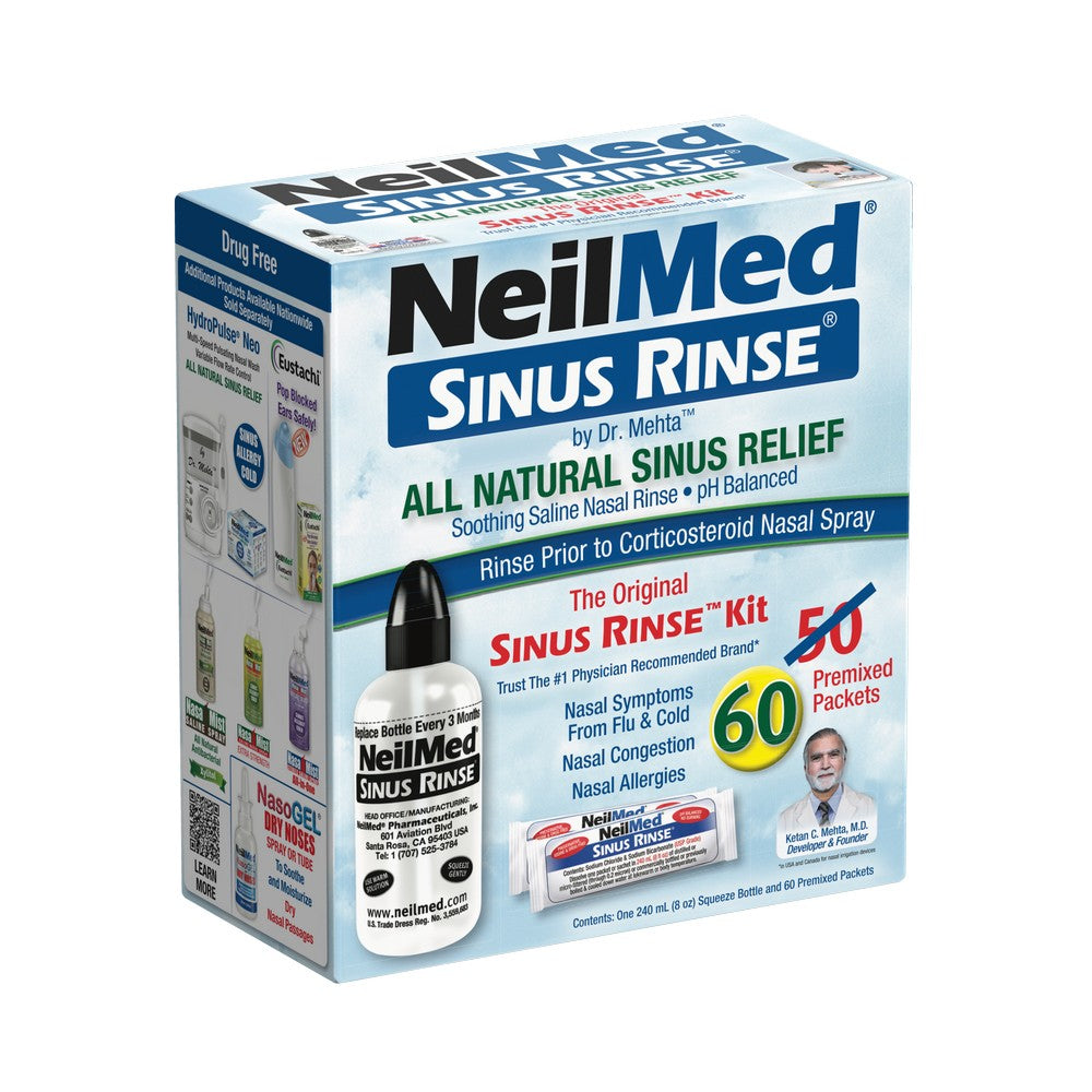 NeilMed Sinus Rinse kit packaging with a bottle and 60 premixed packets for nasal irrigation.