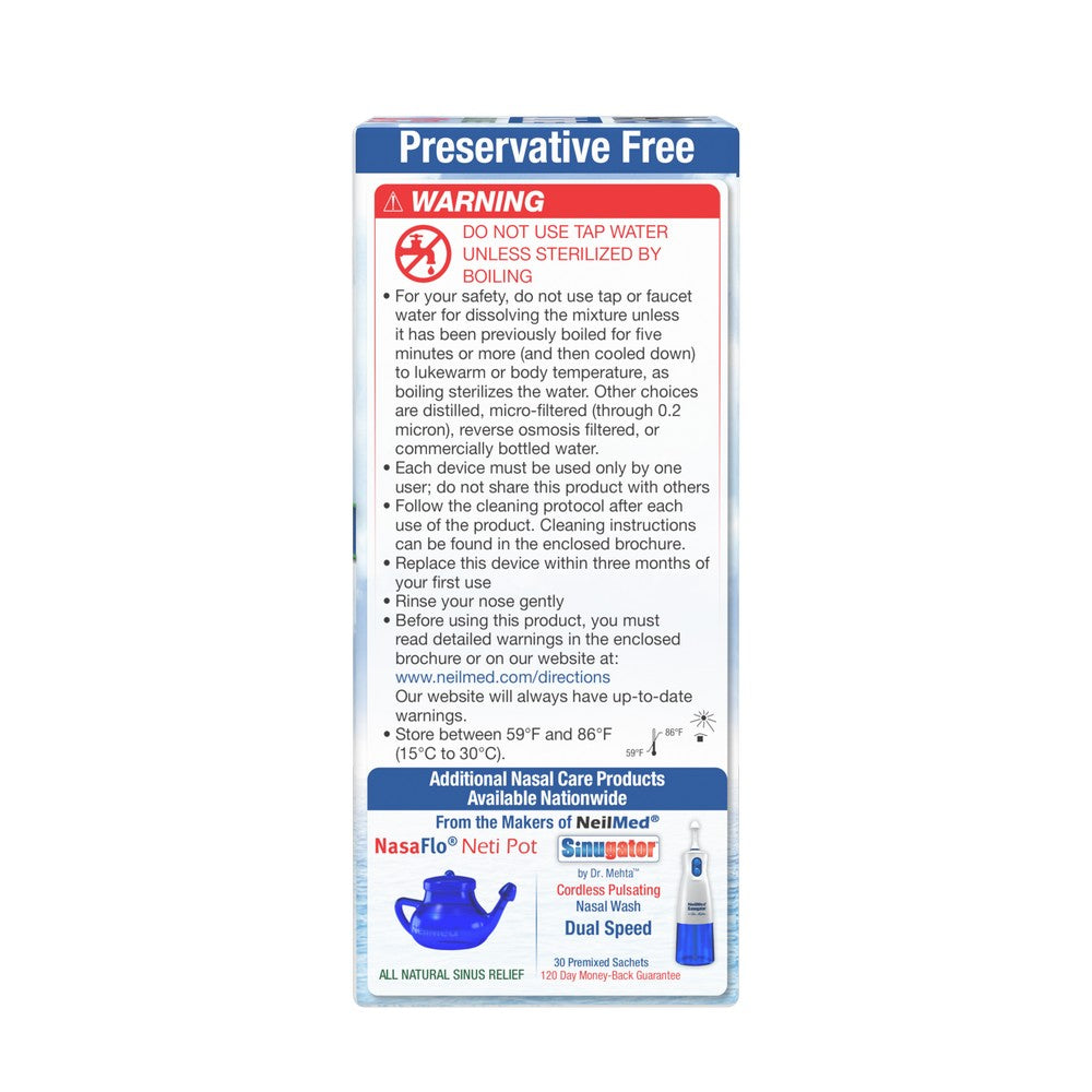 Preservative-free nasal care product packaging with warning label and product details.