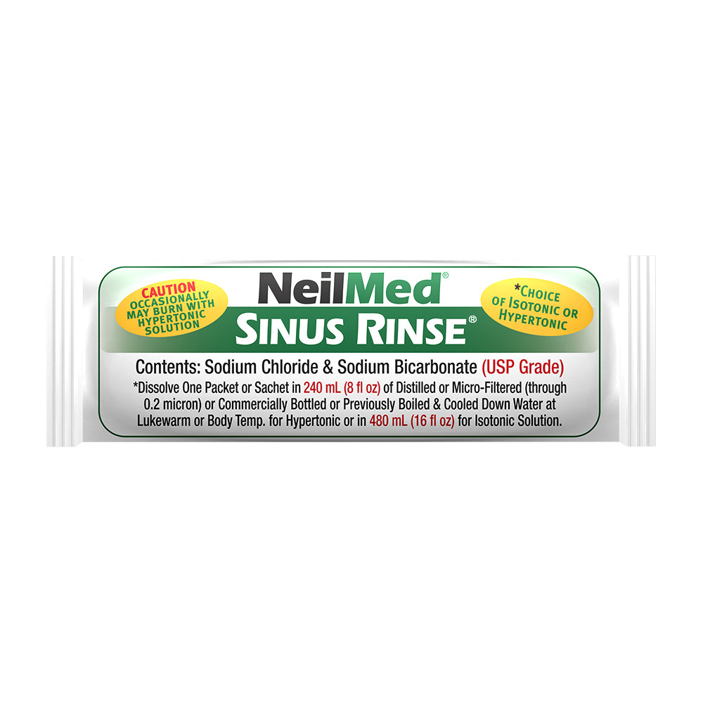 NeilMed Sinus Rinse saline packet labeled sodium chloride and sodium bicarbonate with directions for mixing isotonic or hypertonic solution.
