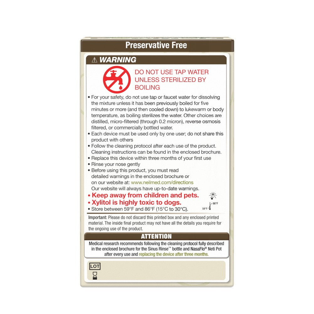 Preservative-free product packaging with warning labels on a white background