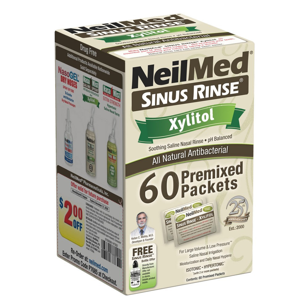 Box of NeilMed Sinus Rinse Xylitol with packaging details on a white background