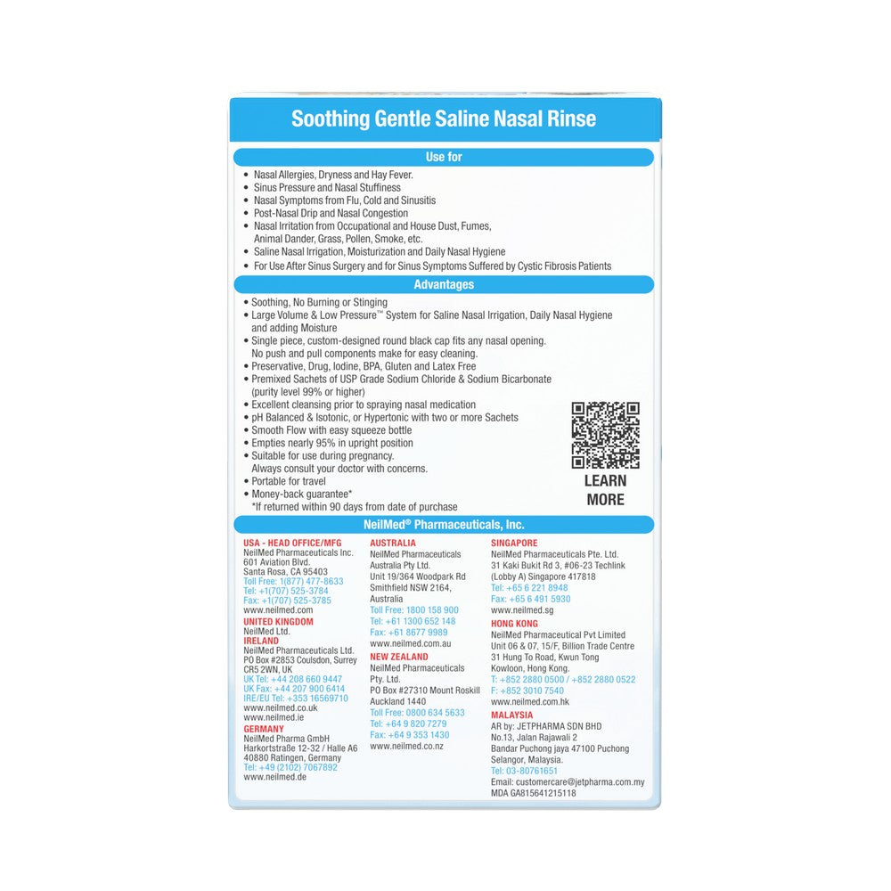 Product label for Soothing Gentle Saline Nasal Rinse with text and QR code on a white background