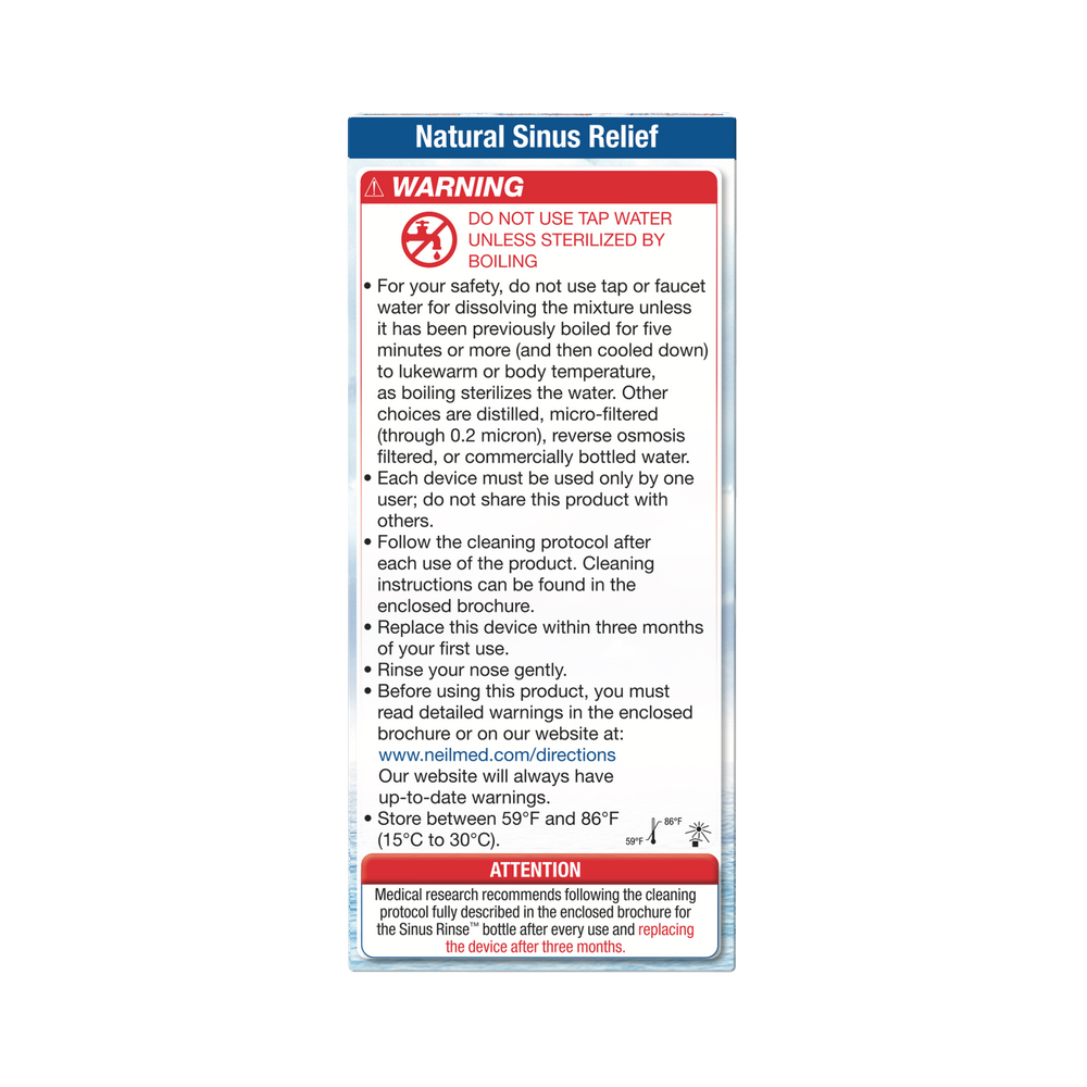 Natural Sinus Relief product label with warning and usage instructions on a white background