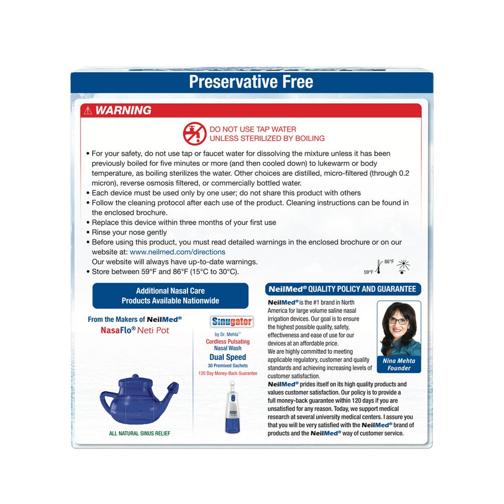 Preservative-free nasal care product packaging with warning label and branding information.