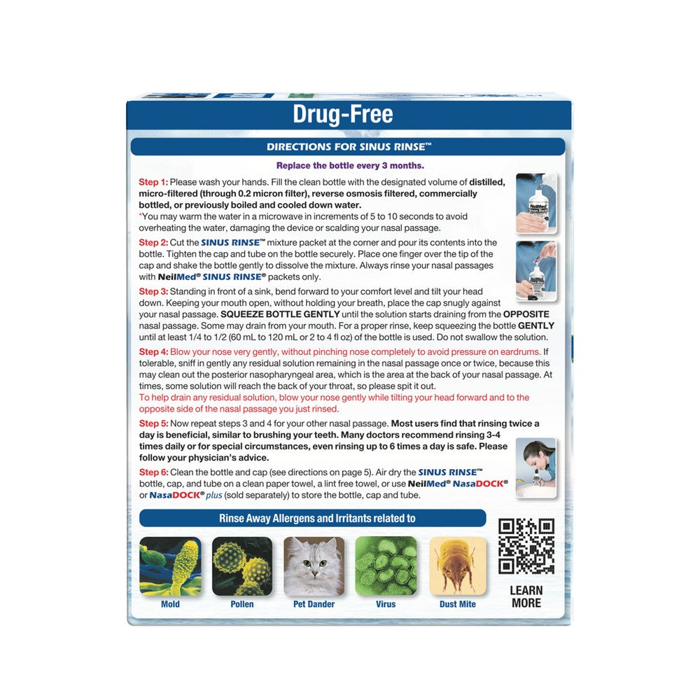 Drug-Free sinus rinse product packaging with directions and images on a white background
