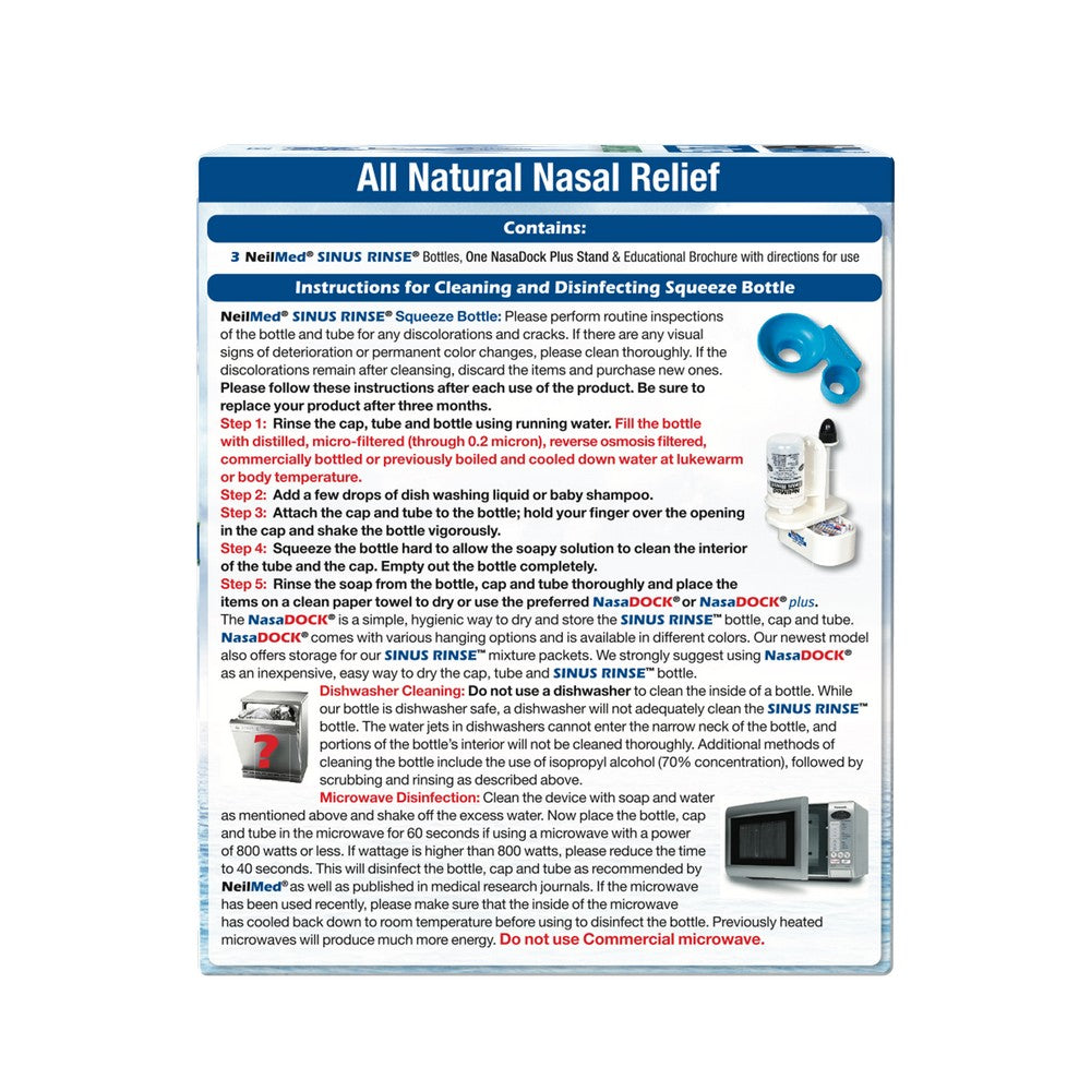 Product packaging with text and images of a nasal relief device and cleaning bottle.