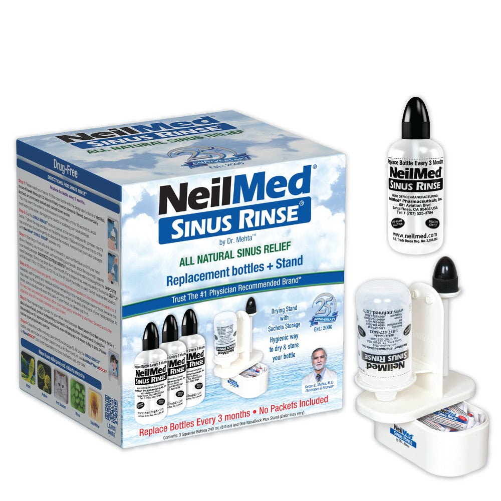NeilMed Sinus Rinse Nasal Irrigation Bottles 3ct with NeilMed NasaDock Plus Drying Stand