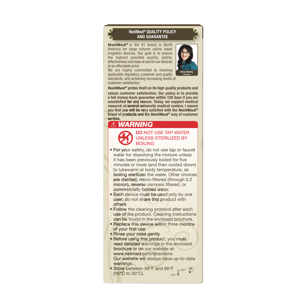 Back of a NeiMed product packaging with text and a warning label.