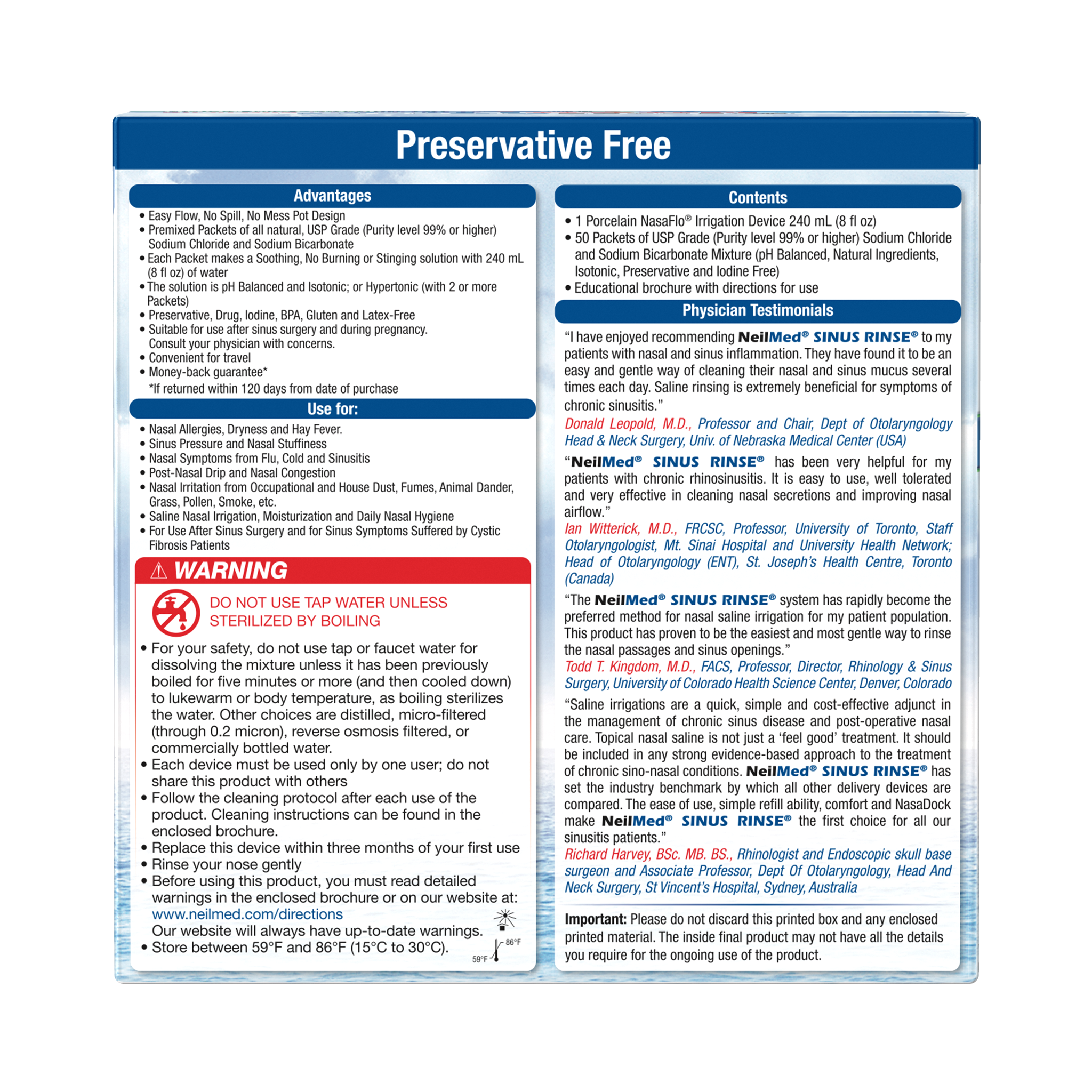 NeilMed Sinus Rinse packaging panel labeled preservative free, showing advantages, kit contents, usage, warnings about using sterile water, and physician testimonials.
