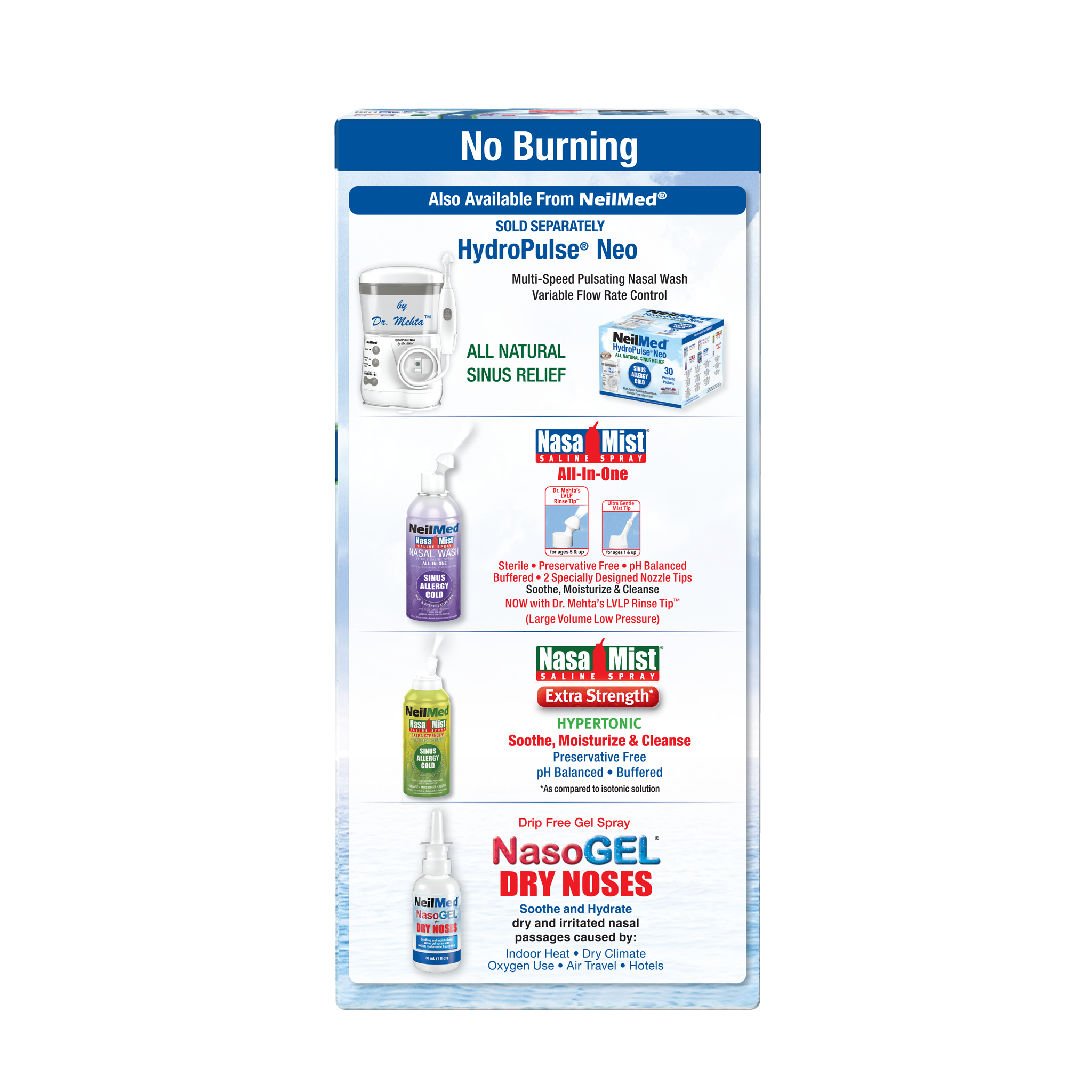 Product packaging with various nasal care items and branding on a white background