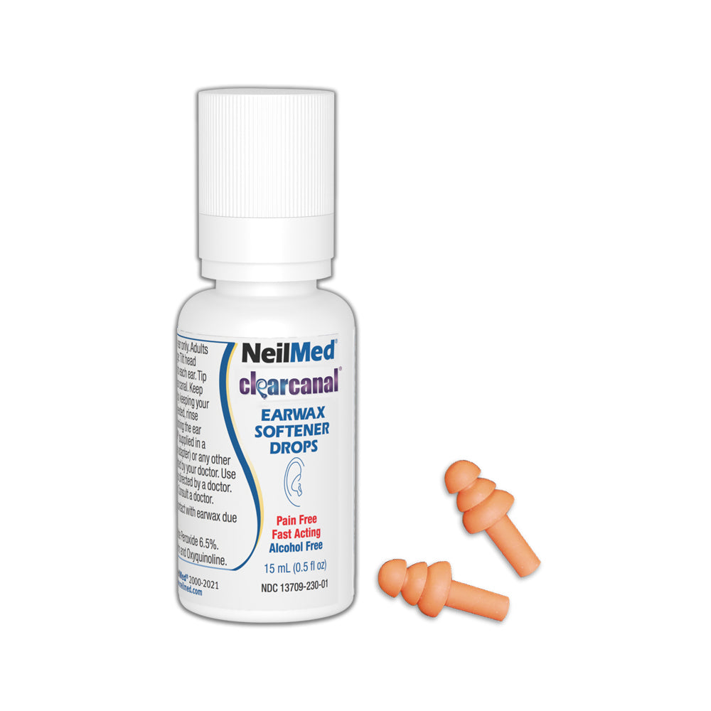 NeilMed clearcanal earwax softener drops bottle with earplugs on a white background