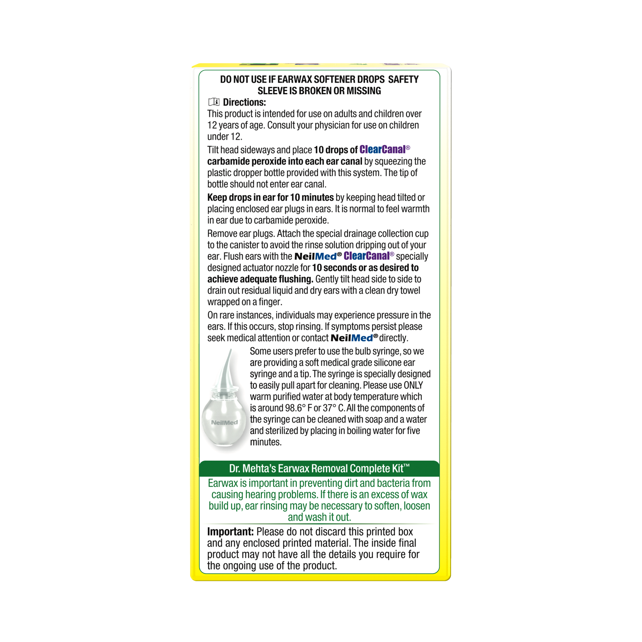 NeilMed ClearCanal instructions panel with directions for earwax removal, usage steps, safety warning about the applicator sleeve, and cleaning guidelines.
