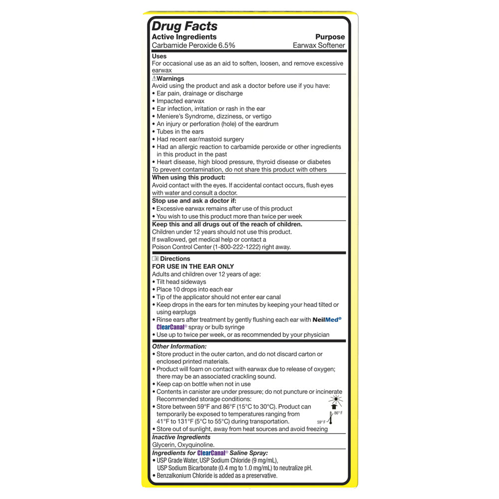Drug Facts label for an earwax removal product containing carbamide peroxide 6.5%, with uses, warnings, directions, storage information, and inactive ingredients listed.