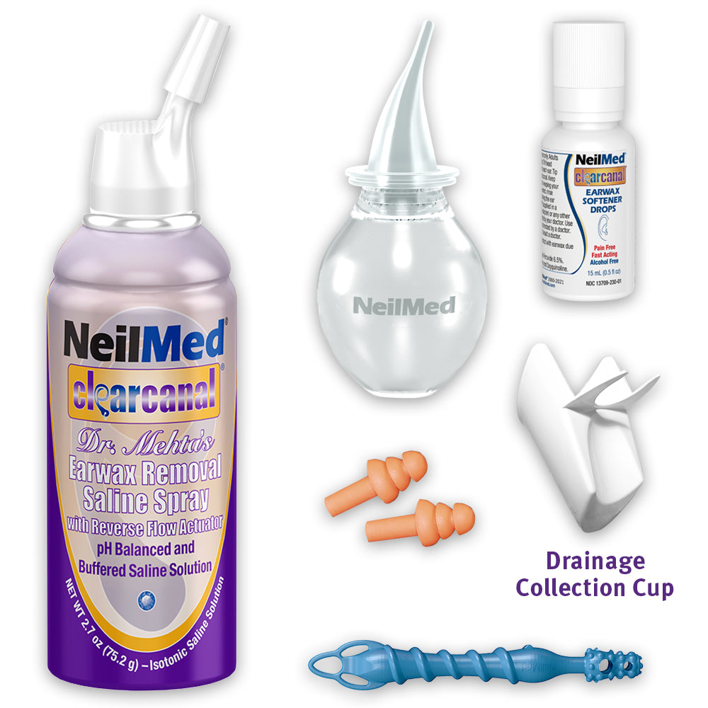 NeilMed ClearCanal earwax removal kit components including saline spray bottle, bulb syringe, earwax softener drops, earplugs, drainage collection cup, and cleaning tool.