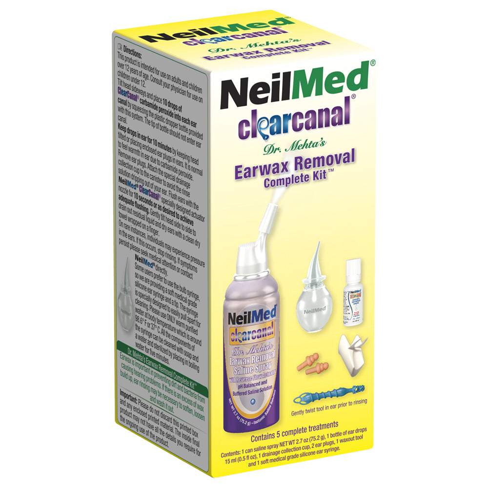 Packaging of NeilMed ClearCanal Ear Wax Removal Complete Kit with a picture of the product components