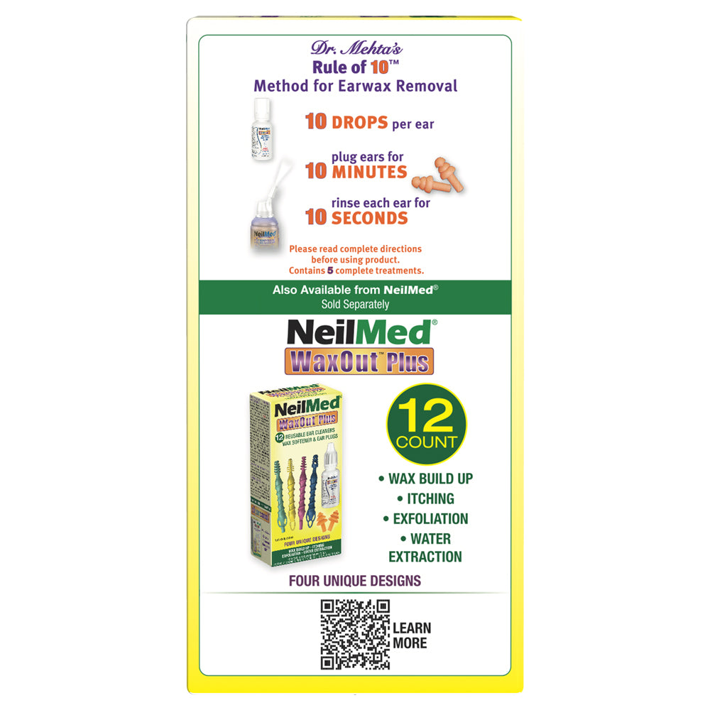 NeilMed WaxOut Plus product packaging with instructions and branding details.