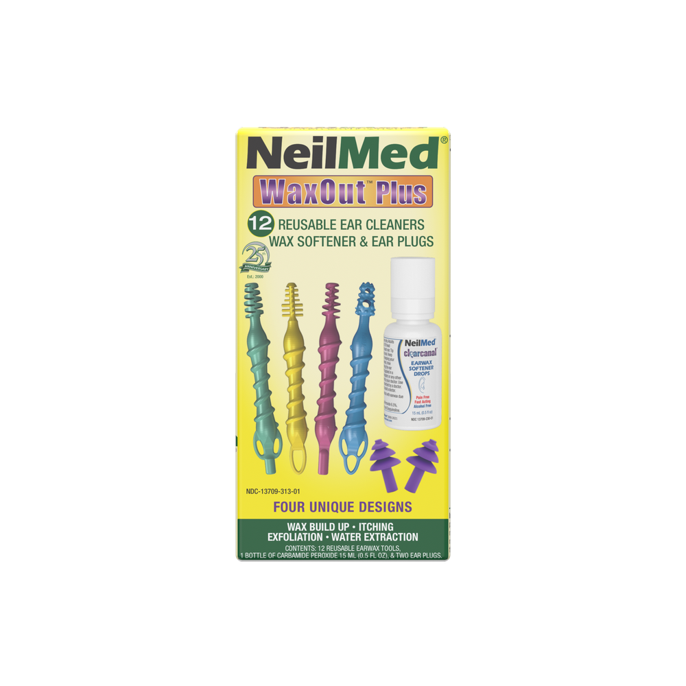 NeilMed WaxOut Plus packaging with ear cleaning tools on a white background