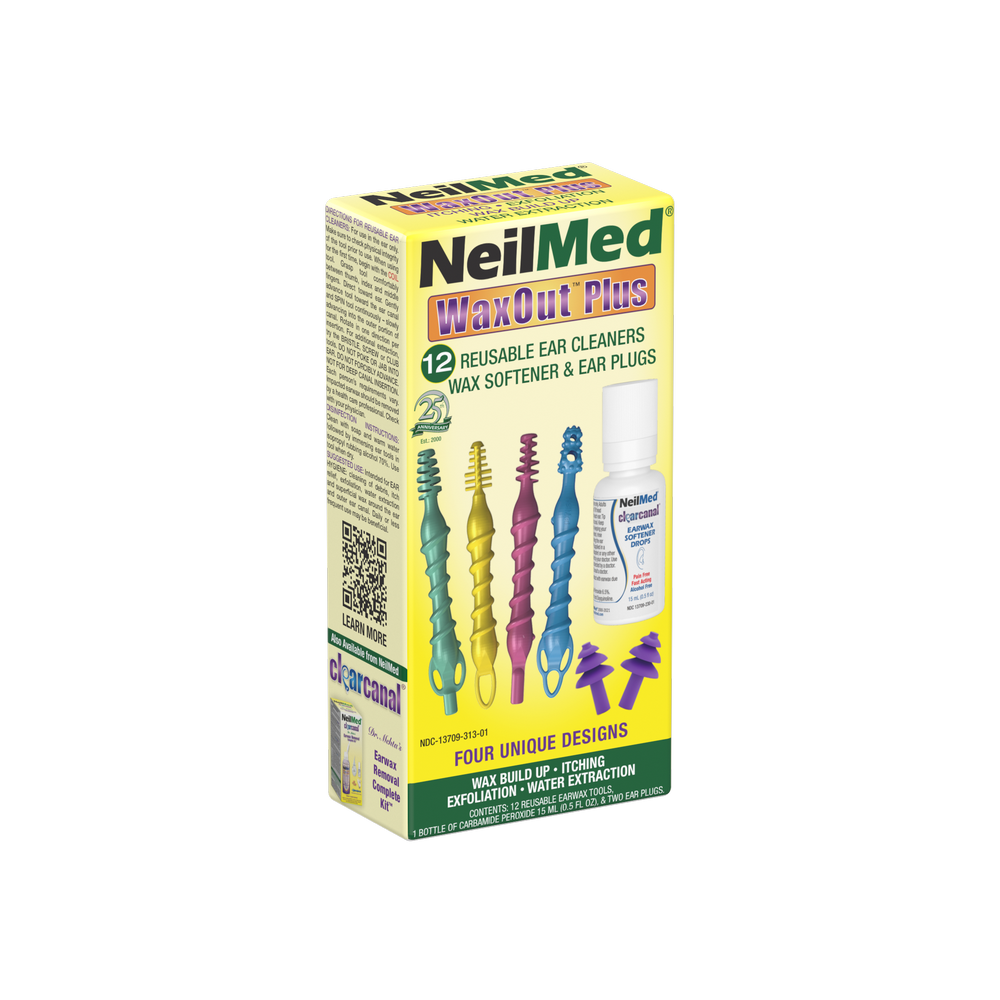 Box of NeilMed WaxOut Plus ear cleaning products on a white background